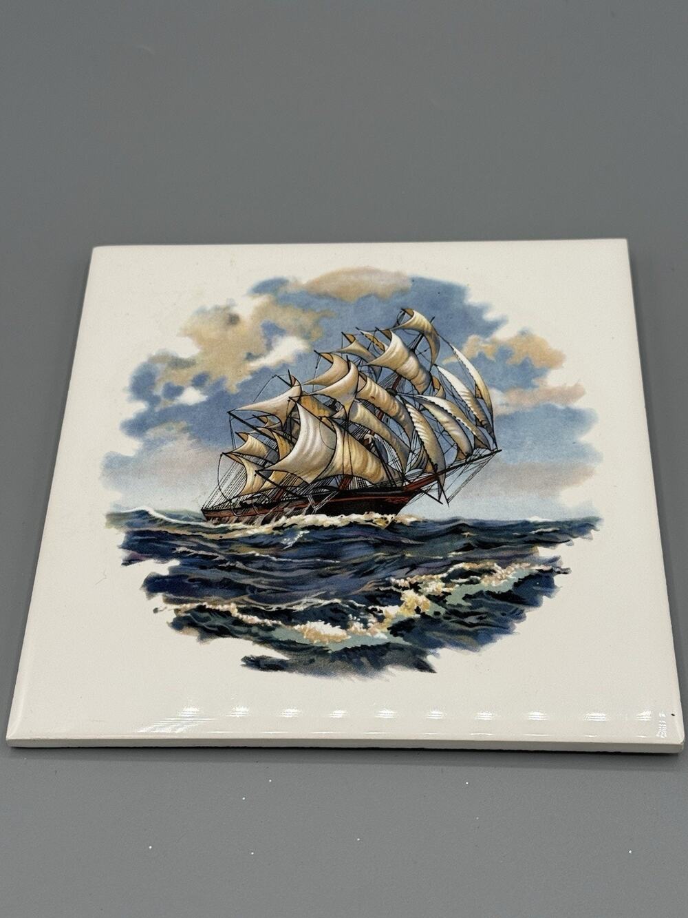 Vintage Ceramic Tile Clipper Ship Sailboat Ocean Trivet Wall Decor 6x6